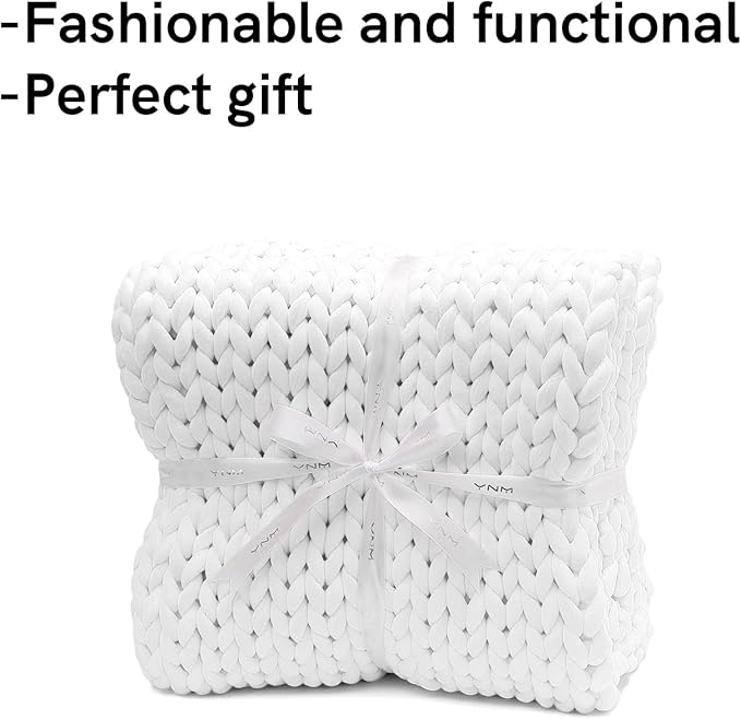 YnM Velvet Weighted Blanket, Handmade Chunky Knitted Design, Soft and Cozy, Temperature Regulating and Breathable, Machine Washable Throw for Sleep or Home Decor (White, 50x60 Inch, 10lbs)