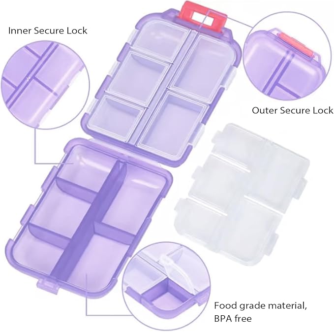 Travel Pill Organizer Portable Pocket Pill Case Small Pill Box for Purse Medicine Organizer Have 10 Compartments Storage Vitamin Fish Oil by INVODA (Purple)