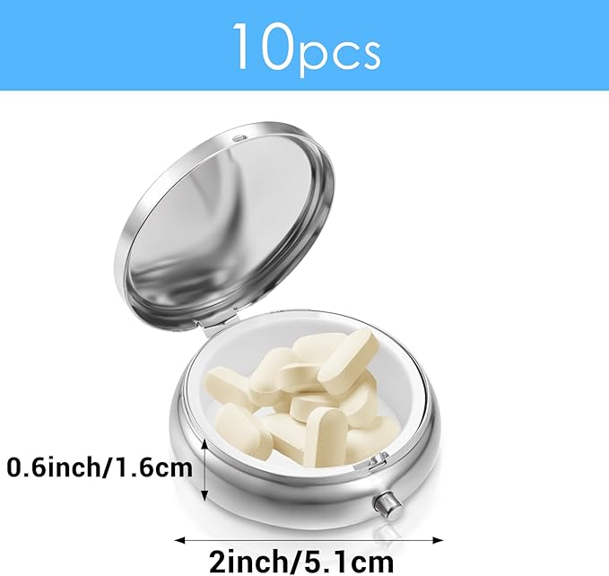 Molain 10Pcs Pill Organizer, Pill Box with Mirror, Portable Small Pill Case for Purse or Pocket, Cute Metal Pill Holder for Travel, Vitamins, Medication, Supplements