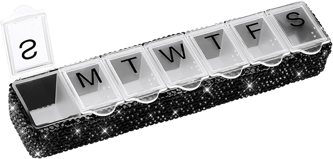 Soleebee Portable Weekly 7 Day Pill Organizer, Bling Crystal Pill Box Case, Travel Pill Planner, Pill Dispenser, Medicine Vitamin Container Organizer (Black)