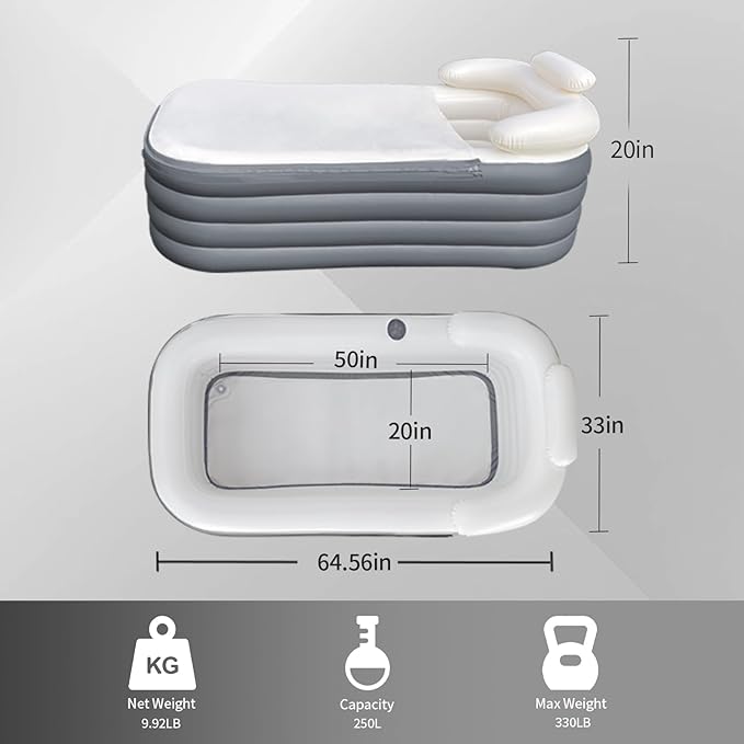 B&Y Portable Adult Soaking Bathtub, Ice Bath Tub Family Home Spa Tub with Zipper Cover, Designed with Headrest, Cup Holder (Air Pump Included) (Rectangular-164x84x51cm (without Machine))