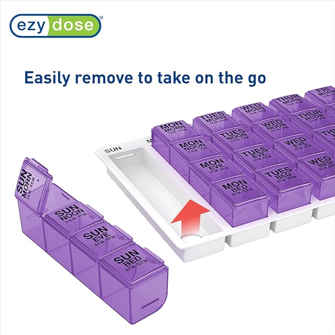 Ezy Dose Weekly (7-Day) Pill Organizer, Vitamin and Medicine Box, Large Pop-Out Compartments, 4 Times a Day, Purple (Pack of 2)