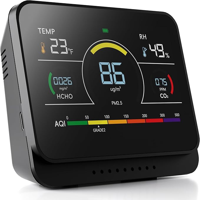 13 in 1 Portable Air Quality Monitor Indoor for Home, Car and Office Air Quality Tester for 6AQI,HCHO, PM2.5, PM1.0, PM10, CO2 Detector Air Quality Meter with Temperature, Humidity (Black)