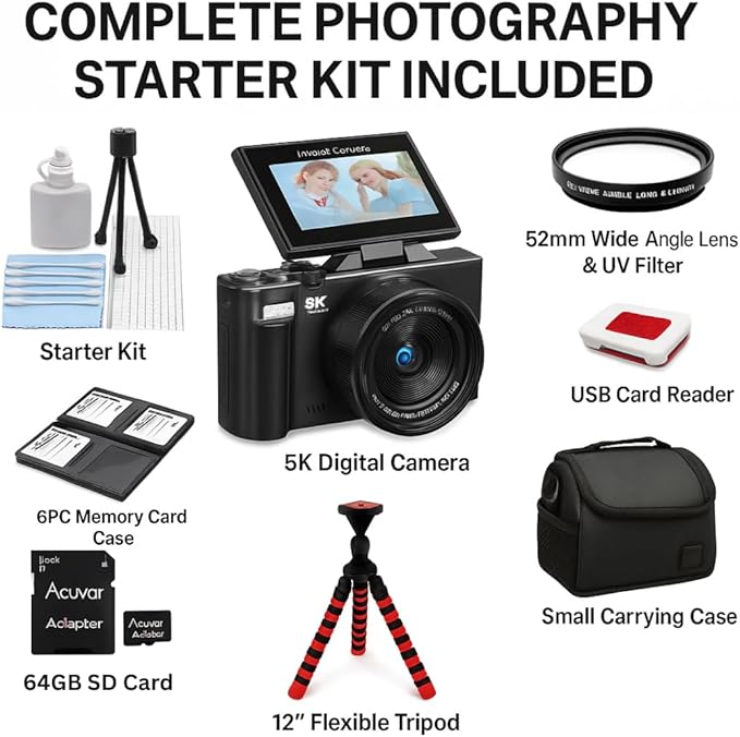 4K/5K Digital Camera – 75MP Vlogging Camera for YouTube, 180° Flip Screen, 18X Zoom, WiFi – Black Pro Kit with 64GB Card, Tripod, Case, Macro/Wide Lens & UV Filter