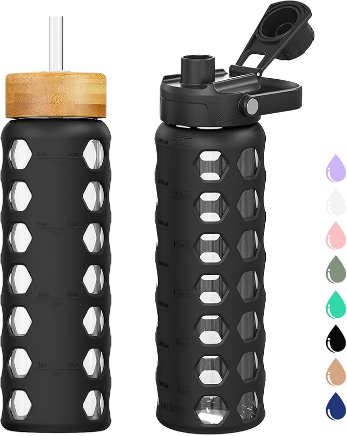 MUKOKO Glass Water Bottles, 24oz Glass Tumbler with Straw, Drinking Bottles with 2 Lids-Handle Spout Lid&Bamboo Straw Lid, Motivational Water Bottle with Time Marker and Silicone Sleeve, 1 Pack-Black
