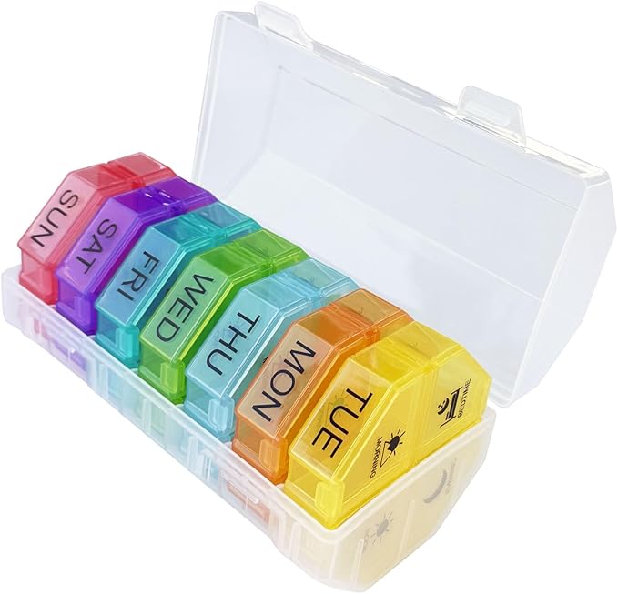 Weekly Pill Organizer 4 Time a Day，Pill Dispensers， Pill Box 7 Day with 28 Extra Large Compartments Portable Travel ，4 Times a Day Pill Case, for Medication/Vitamins/Fish Oils (Transparent +Colorful)
