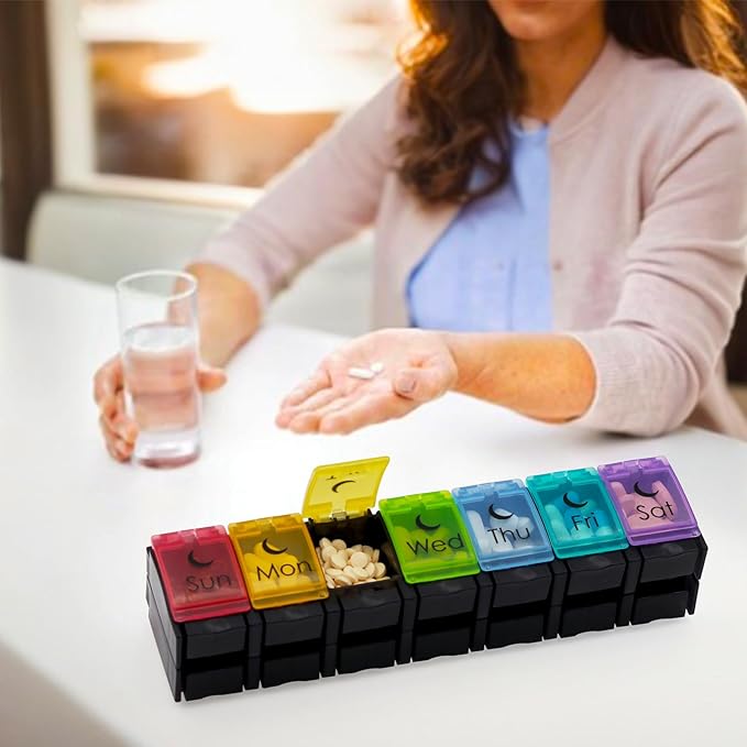 Large Pill Organizer 7 Day with Spring-Open Design- Weekly Pill Organizer 2 Times a Day with AM PM Big Compartments Pill Box for Supplements Pill Container Holder for Vitamins Medicine Organizer