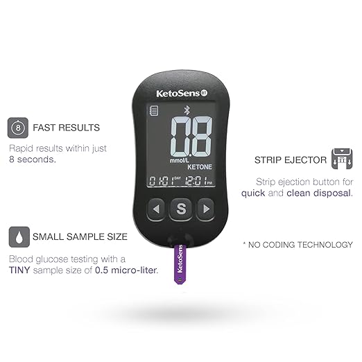 KetoSens Blood Ketone Monitoring Starter Kit with Bluetooth - Ideal for Keto Diet. Includes Meter, 10 Ketone Test Strips, 1 Control Solution Vial, 1 Lancing Device, 10 Lancets & Travel Case