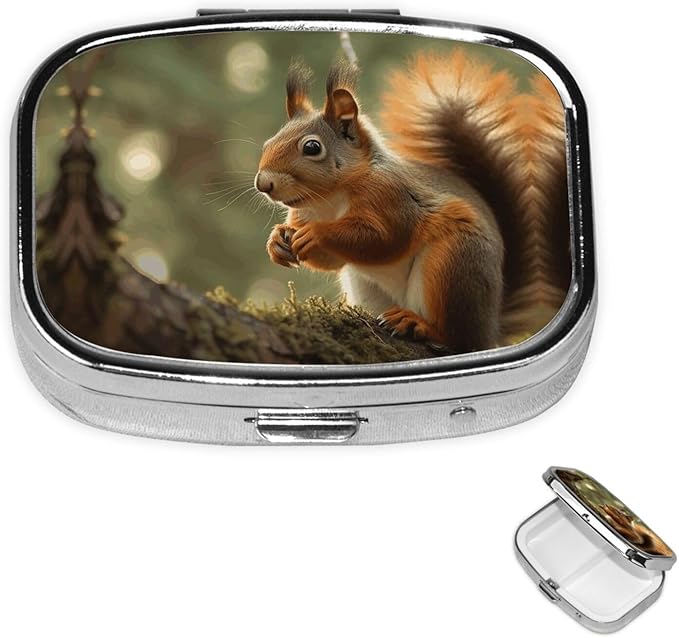Square Pill Box 2 Compartment Medicine Pill Case Wildlife Forest Squirrel Pill Box for Purse Pocket Waterproof Metal Pill Container Portable Pill Holder Mini Pill Organizer for Travel or Daily