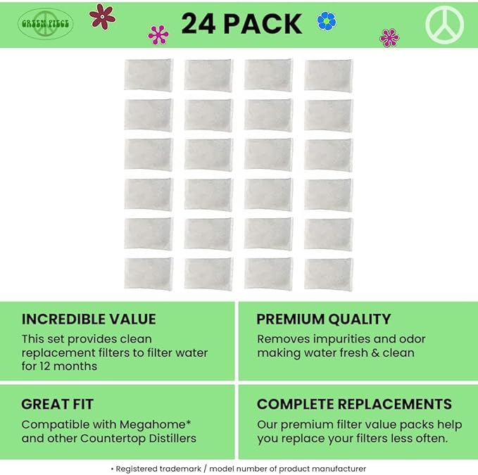 Green Piece® 24 Pack of Activated Charcoal Water Filter Replacements (MADE IN THE USA) - Perfect For Megahome and Most Countertop Water Distillers