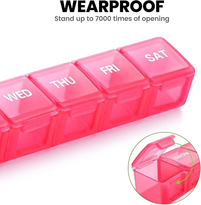 Sukuos Extra Large Weekly Pill Organizer, 7 Day Daily Pill Box Case Arthritis Friendly, Silkscreen Printed Medicine Container with Clear Lid for Vitamins, Fish Oils or Supplements (Pink)