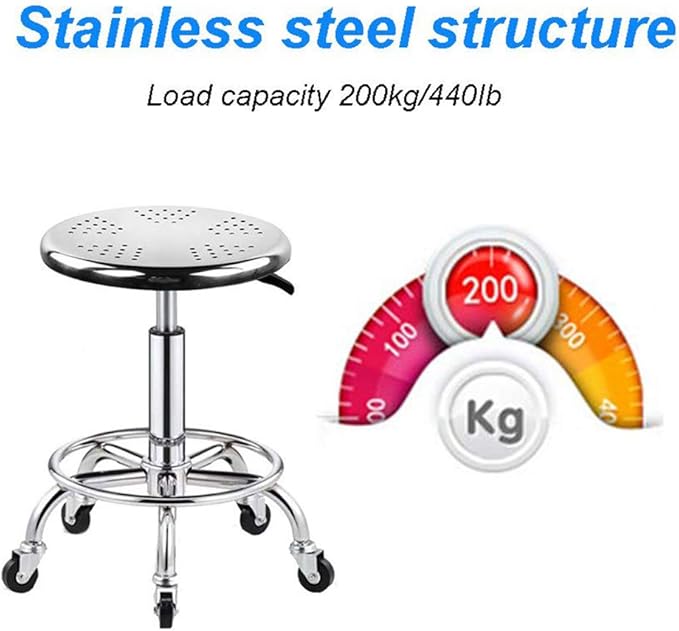Heavy Duty Stainless Steel Stool for Work Bench, Adjustable Swivel Stool with 5 Wheels, 304 Stainless Steel Structure, Round Cushion, Load-Bearing 440 Ib
