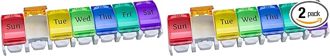 EZY DOSE Weekly (7-Day) Pill Planner, Medicine Case, Vitamin Organizer Box, Large Push-Button Compartments, Rainbow Lids (Pack of 2)