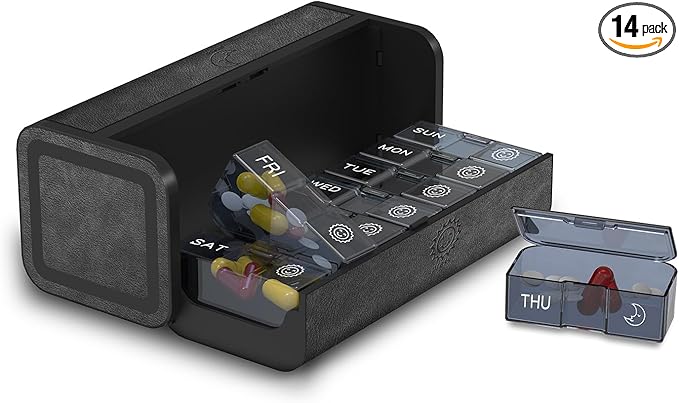 Pill Organizer 2 Times a Day, Am Pm Twice Daily Pill Case, Detachable Large Travel Pill Box 7 Day, Weekly Pill Container for Vitamin Medicine Supplement Fish Oil (Black)