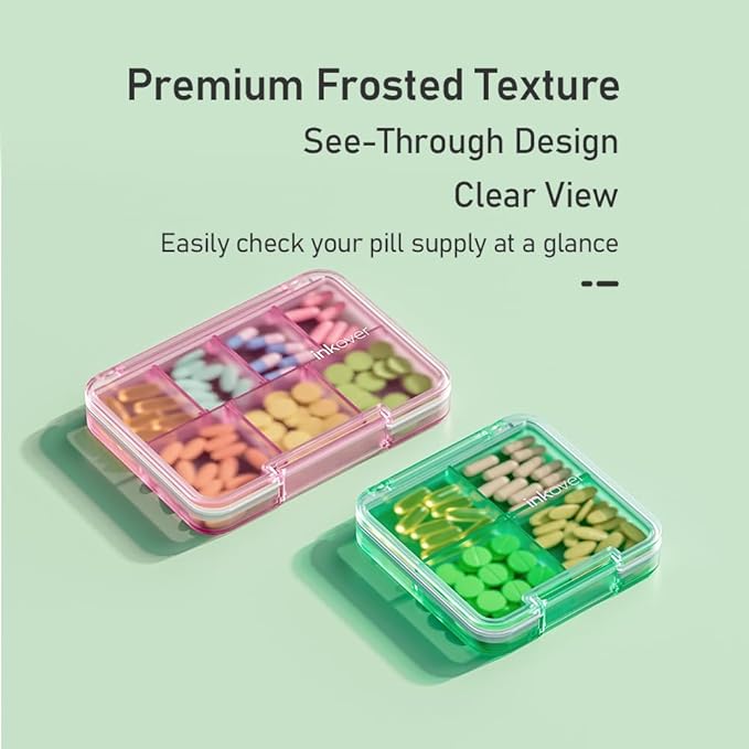 Small Pill Organizer, Waterproof & Portable Pill Case for Daily Travel - Adjustable 4 Compartments Compact Medicine Holder for Vitamins, Pills, Perfect for Purse or Pocket (Pink)