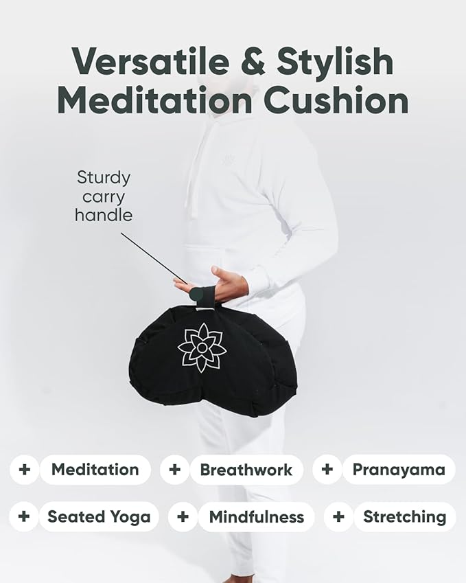 Mindful & Modern Large Meditation Cushion | Zafu Yoga Bolster Meditation Floor Pillow Seat | Buckwheat Hull Filled Crescent Shaped Cushion with Removable Washable Cover + Carry Handle (Minimal Black)