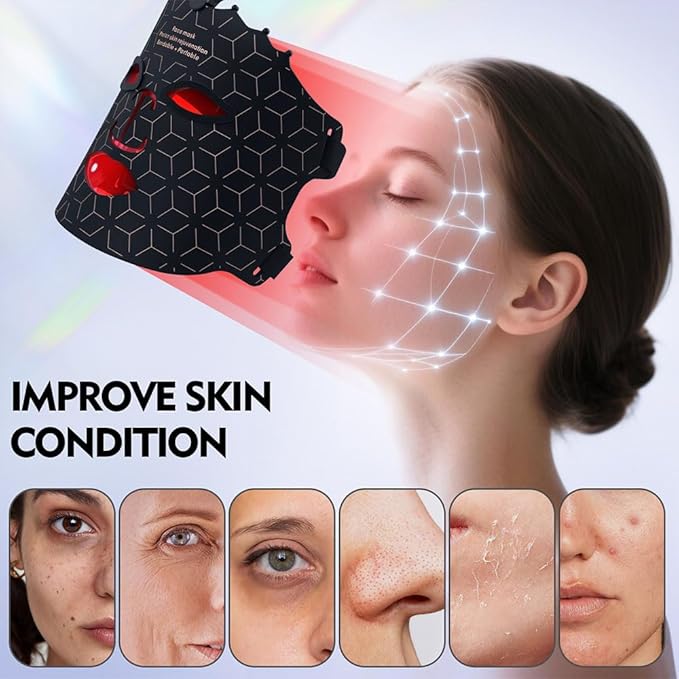 7 Colors Light Mask For Skin Care, Red Light For Face, Type-C Rechargeable Silicone Beauty Mask For Home (Black)