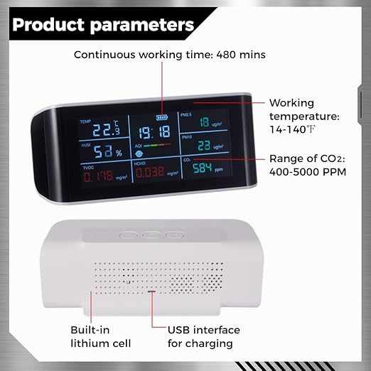 BOSREROY Portable 9-in-1 Air Quality Monitor, Indoor CO2, VOC, and Formaldehyde Detector with AQI, PM2.5 for Home Monitoring, Air Quality Tester with Clear Display
