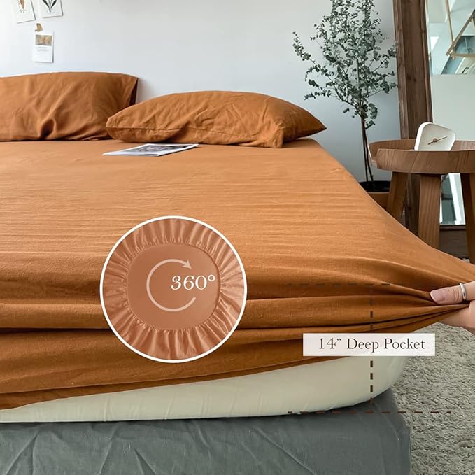Simple&Opulence Washed Linen Bed Sheet Set Basic Style 4 Pieces (1 Flat Sheet & 1 Fitted Sheet & 2 Pillowcases) 100% Natural French Flax Soft Breathable Farmhouse Bedding (Queen, Rust)