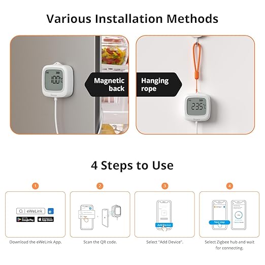 SONOFF SNZB-02LD Zigbee Waterproof Temperature Sensor with 1.5M Stainless Steel Probe, LCD Display, -40~115°C Range, APP Monitoring, Magnetic Mount, Works with Zigbee Hub