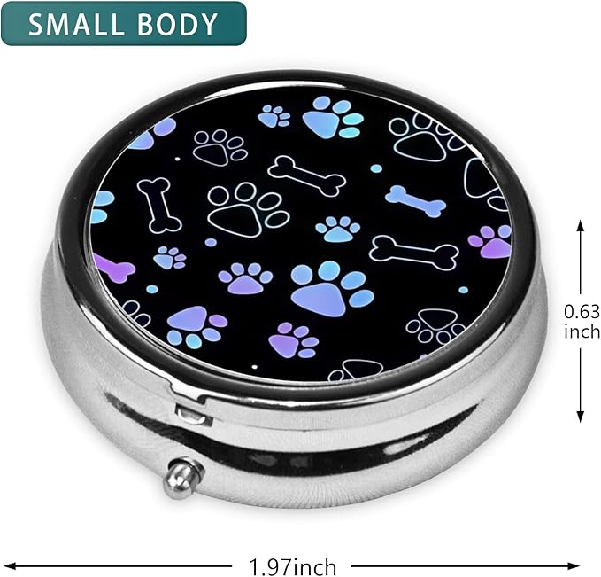 Pill Box 3 Compartment Pocket Small Pill Organizer Mini Metal Pill Holder Travel Portable for Man Old People and Kids - Gradient Black Dog Paw Print