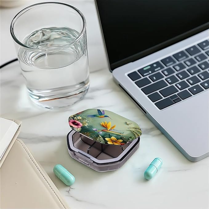 This Portable Hummingbird Tropical Flower Pattern 4 Compartment Pill Box Can Be Placed in A Pocket Or Wallet to Store Vitamins, Medicines Health Supplements Other Medications.