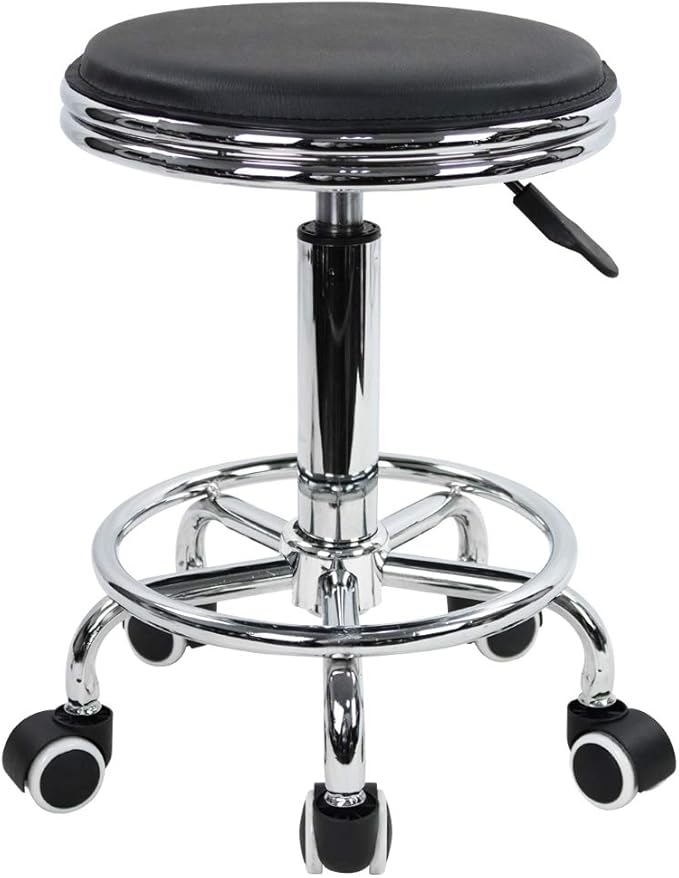 KKTONER Round Rolling Stool with Foot Rest PU Leather Height Adjustment Modern Industrial Metal Style Swivel Spa Salon Tattoo Work Massage Stools Small (Black)