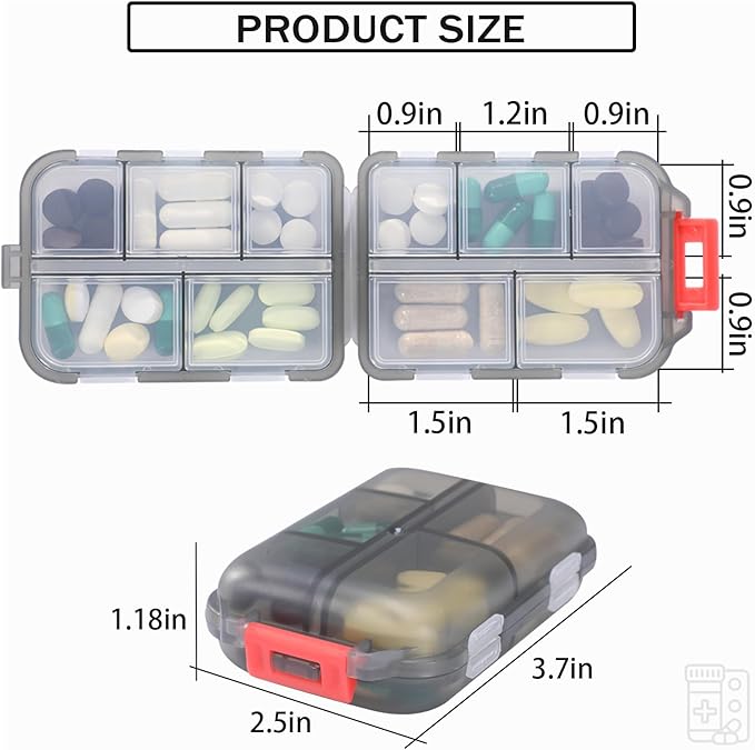 Travel Pill Organizer Portable Pocket Pill Case Small Pill Box for Purse Medicine Organizer Have 10 Compartments Storage Vitamin Fish Oil by INVODA (1PCS Gray+Lables)
