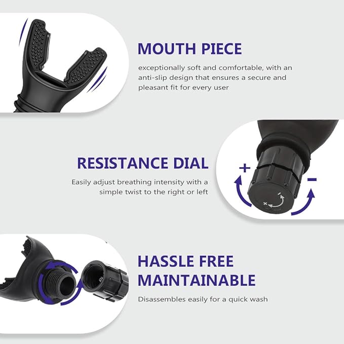 Respiratory Breathing Trainer | Boost Lungs Capacity | Exercise Device for Daily Fitness with Adjustable Resistance | Easy to Clean with High Grade Silicone - Black