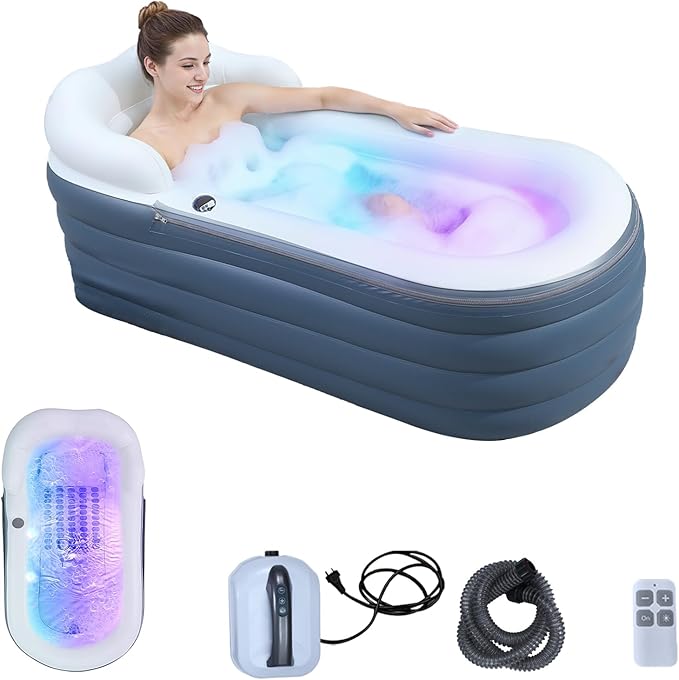 Adult Inflatable Bathtub with Air Bubble Mat, 66'' Portable Spa Water Therapy Soaking Tub with Romantic LED Lights, Pillow/Backrest/Armrests Supported (Air Pump Included)