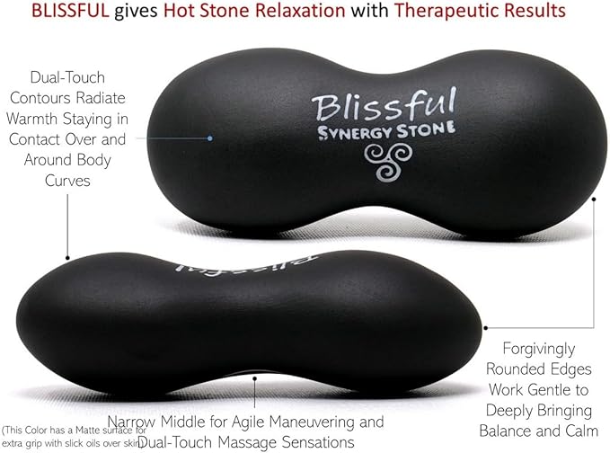 Blissful (Basalt Black)(Single) Synergy Stone - Contoured Hot Stone Massage Tool with Radiant Heat - Relaxing and Therapeutic for Neck, Back, Legs, Feet - Matte Surface for on Skin with Oil only