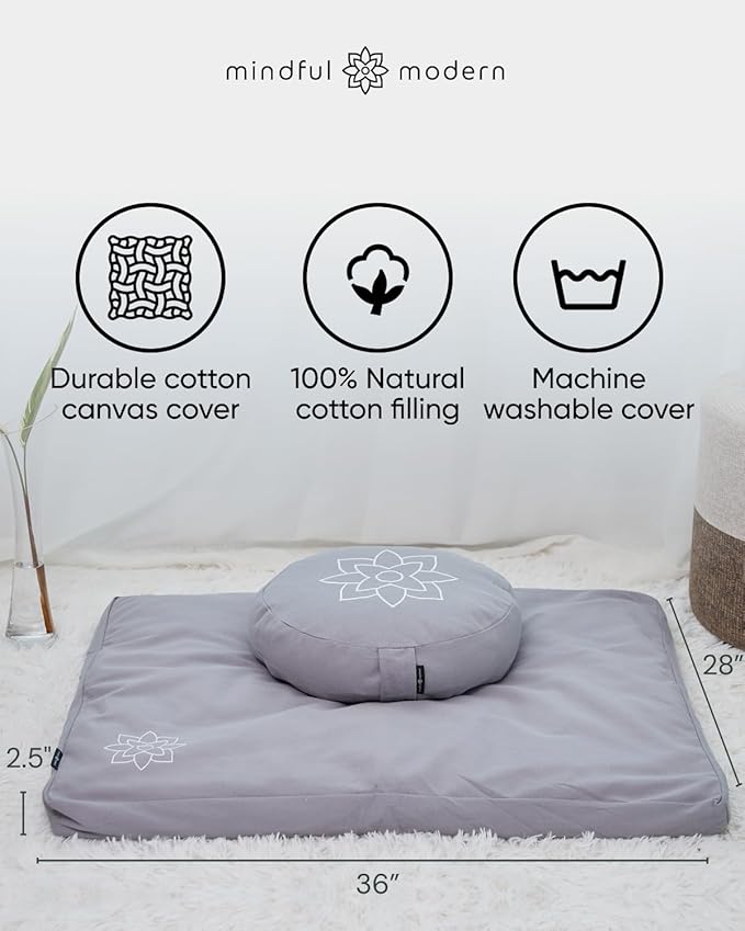 Mindful & Modern Zabuton Meditation Mat - Cotton Filled Yoga and Meditation Pad - Zabuton Meditation Cushion for Kneeling and Sitting Support - Large Rectangular Sitting Floor Pillow for Bench or Zafu
