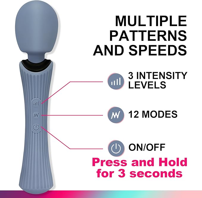 Wand Massager - 12 Vibration Modes & 3 Speeds Cordless Personal Massager - IPX7 Waterproof Handheld Electric Massager for Muscle Recovery & Stress Relief - 7.9" Rose Blue