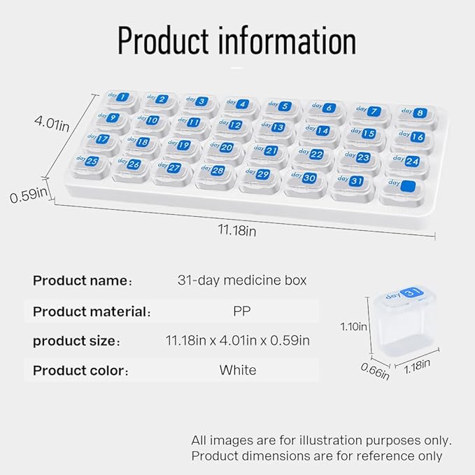 Monthly Pill Organizer, Large Travel Pill Box 31 Day, Daily Pill Case, Pill Holder Container for Vitamin, Medicine, Supplement, Fish Oil, Clear