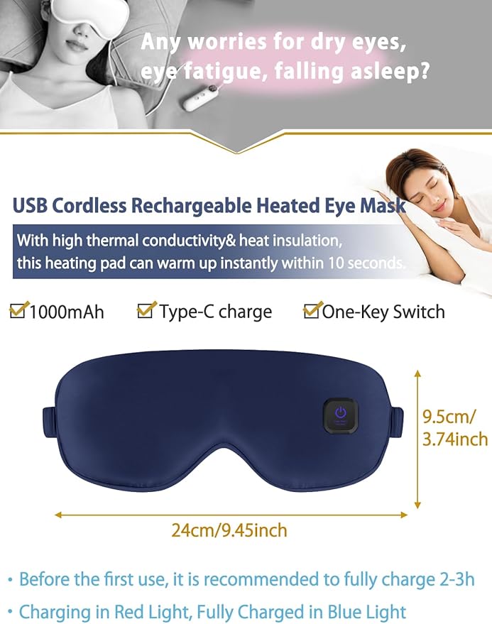 Upgraded 3 Temperature Modes Silk Heated Eye Mask Cordless,Rechargeable Warm Eye Heating Pad No Pressure for Dry Eyes, Sleep Eye Mask Christmas Gift for Men Women (Dark Blue)