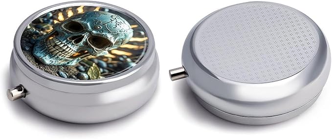 Cool Evil Skull Pill Box Travel Pill Case for Purse Pocket Weekly Medicine Organizer with Mirror 3 Compartment Round Medicine Case Portable PillcaseHolder for Daily