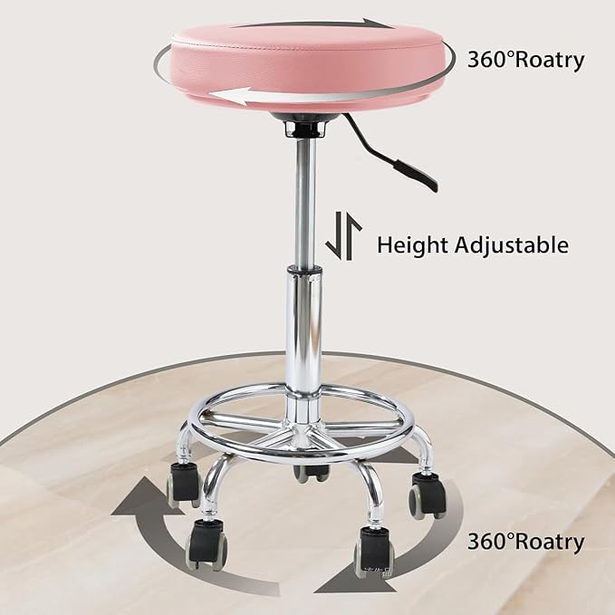 Adjustable Rolling Stool with Wheels - Ergonomic Salon & Tattoo Artist Chair, Office Stool with Comfortable PU Leather Seat,Pink