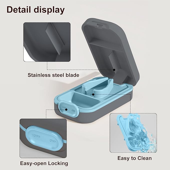 Pill Cutter & Organizer - 3-25mm Adjustable Blades | Splinter-Free Cutting | Detachable Washable Compartment Pill Splitter for Small or Large Pills Gray