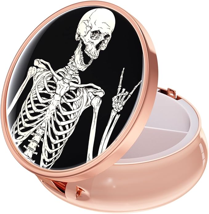 Rouidr Pill Box, 3 Compartment Medicine Pill Case, Small Metal Travel Medicine Box for Purse & Pocket, Rose Gold, Skull