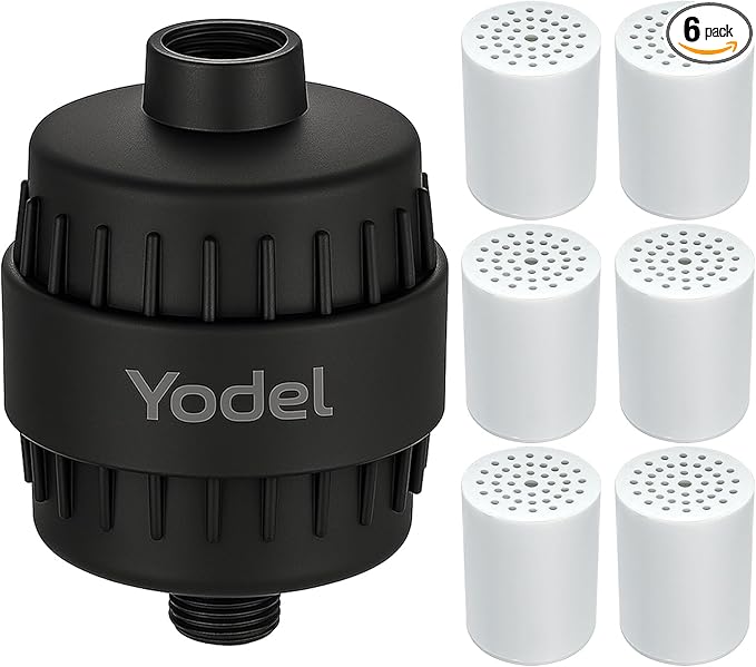 Yodel Shower Filter with 6 Cartridge Matte Black - Hard Water Softener, 99% Removes Chlorine & Impurities, Improves Skin & Hair Condition, Universal Fit for Shower Heads