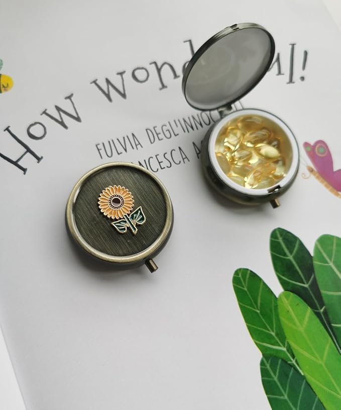 Sunflower Travel Pill Box Organizer - Cute Daily Medicine Pill Box for Purse, Round Vintage Vitamin Pill Organizer for Pocket,Bronze Metal Pill Case Portable Pill Holder Storage (Sunflower)