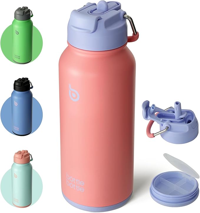 BOTTLE BOTTLE 32oz Insulated Water Bottle Stainless Steel Sport Water Bottle with Straw Dual-use Lid Design for Gym with Pill Box