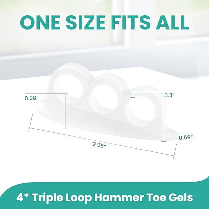 Welnove Hammer Toe Crests Straightener 4 Pcs Gel Toe Support Pads Cushion Relief for Overlapping-Curled-Hammer-Claw Toes, 3 Loop Design, Clear