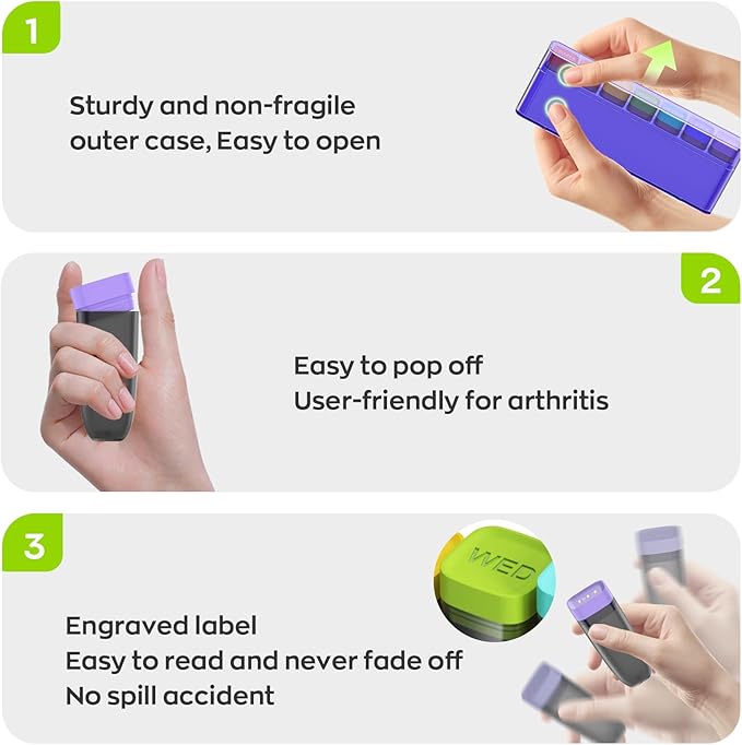 Weekly Pill Organizer 1 Time a Day, HIONXMGA Portable Detachable Travel Pill Box 7 Day, Large Once Daily Pill Holder Case, Color-Coded Dispenser for Vitamin Medicine Supplement Fish Oil, Purple