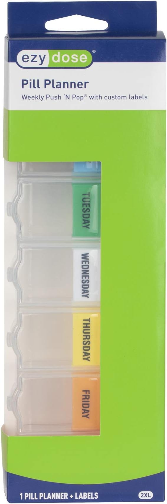 EZY DOSE Weekly (7-Day) Pill Planner, Medicine Case, Vitamin Organizer Box, 2X-Large Push N' Pop Open Compartments, BPA-Free, Rainbow/Clear Design