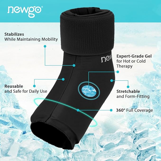 NEWGO Ankle Ice Pack for Injuries Reusable Ice & Hot Therapy, Cold Compression Ice Pack for Sprained Ankle - 2 Pack