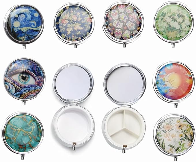 3-Compartment Pill Organizer with Mirror Retro Small Bronze Pill Case for Purse, Floral Design Travel Pill Box for Vitamins, Fish Oil, Supplements | Portable & Compact (Color A, Three Compartments)