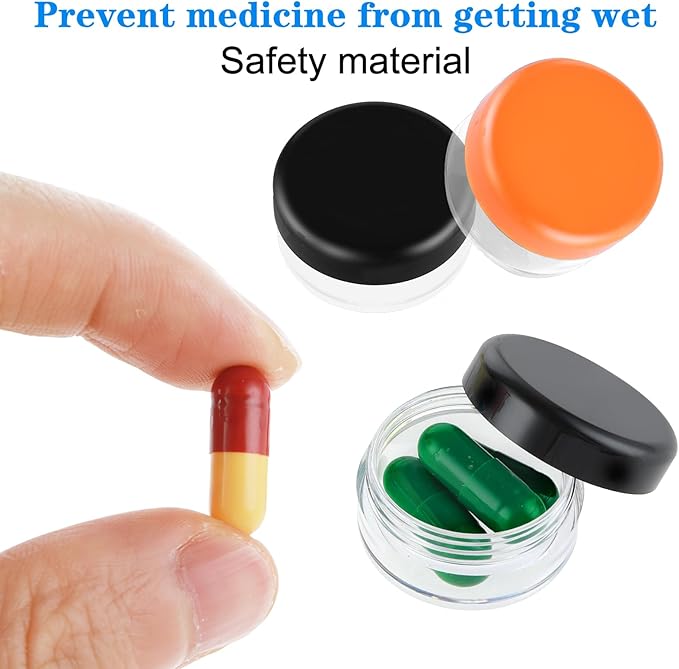 5 Pcs Small Pill Organizer Box Travel Pill Case Holder Portable Daily Mini Pills Container BPA Free Medication Storage Container for Purse Pocket Briefcase (Black, Orange)