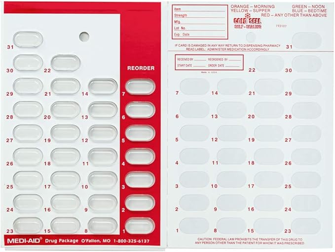 Color Coded Monthly 31 Day Medication Blister Cards Cold Seal - Daily, AM/PM, 3X, 4X, 5X a Day Pill Organizer (6 Pack Red)
