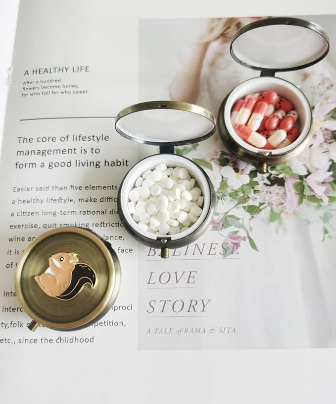 Cute Squirrel Pill Organizer Medicine Box - Small Round Portable Pill Box for Pocket, Bronze Durable Mini Pill Case for Purse, Decorative Metal Medicine Vitamin Organizer Classical Pill Holder